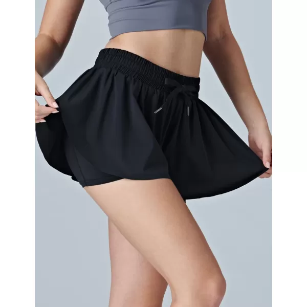 image3 Pack Womens Flowy Running Shorts 2in1 Butterfly Skirts with Shorts Underneath Spandex Athletic Casual Gym Workout LoungeBlack