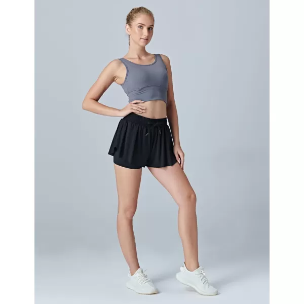 image3 Pack Womens Flowy Running Shorts 2in1 Butterfly Skirts with Shorts Underneath Spandex Athletic Casual Gym Workout LoungeBlack