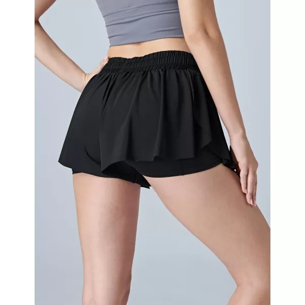 image3 Pack Womens Flowy Running Shorts 2in1 Butterfly Skirts with Shorts Underneath Spandex Athletic Casual Gym Workout LoungeBlack