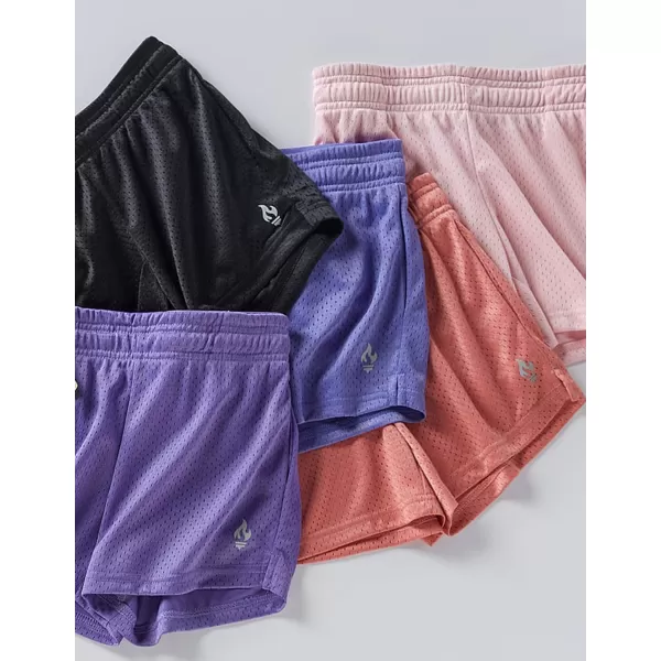 image4 Pack Girls Athletic Shorts with Pockets 3quot Dry Fit Running Shorts for Kids Teens Soccer BasketballCoralVioletBlackLight Pink