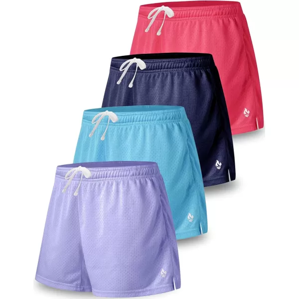 image4 Pack Girls Athletic Shorts with Pockets 3quot Dry Fit Running Shorts for Kids Teens Soccer BasketballNavyLavenderBaby BlueHot Pink