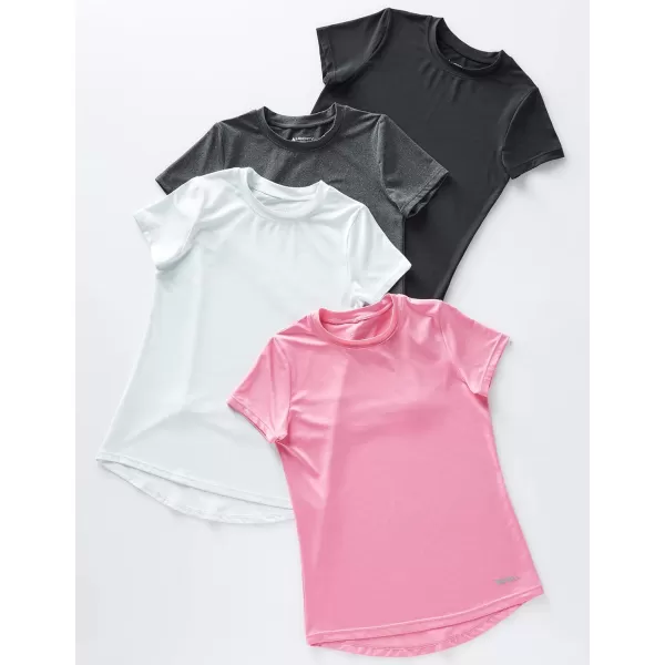 image4 Pack Youth Girls Athletic Shirts Short Sleeve Dry Fit Apparel Tech Tshirts Sports Activewear for Kids TeensPinkWhiteBlackCharcoal