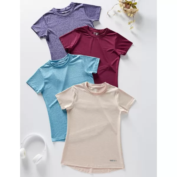 image4 Pack Youth Girls Athletic Shirts Short Sleeve Dry Fit Apparel Tech Tshirts Sports Activewear for Kids TeensVioletAquaLight PeachSangria