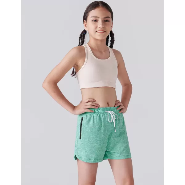 image4 Pack Youth Girls Athletic Shorts 3quot Girls Soccer Shorts Kids Workout Gym Clothes Activewear Apparel with Zipper PocketsLilacMintMagentaLight Gray