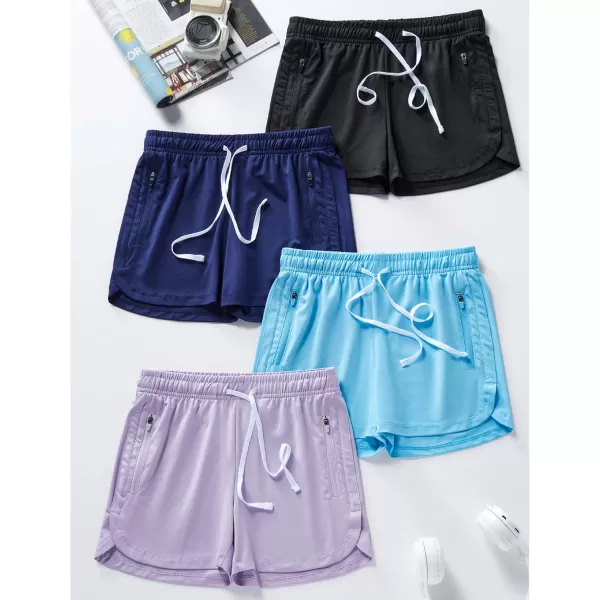 image4 Pack Youth Girls Athletic Shorts 3quot Girls Soccer Shorts Kids Workout Gym Clothes Activewear Apparel with Zipper PocketsSet 2 LavenderBaby BlueNavyBlack