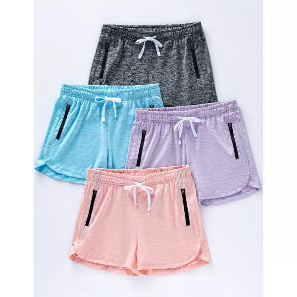 image4 Pack Youth Girls Athletic Shorts 3quot Girls Soccer Shorts Kids Workout Gym Clothes Activewear Apparel with Zipper PocketsSet 3 Heather BlackLavenderLight BluePeachy Pink