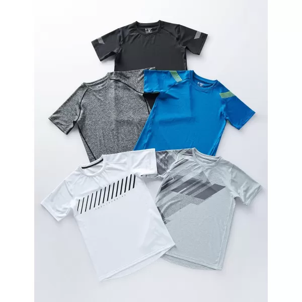 image5 Pack Boys Athletic Shirts Youth Activewear Dry Fit Tshirts for Kids Short Sleeve Tees Bulk Athletic Performance ClothingWhiteGrayBlueCharcoalBlack