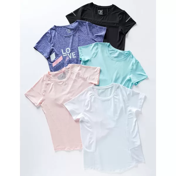 image5 Pack Womens Dry Fit Short Sleeve T Shirts Athletic Workout Tee Tops for Gym Yoga RunningPinkWhiteBlackPurpleTurquois