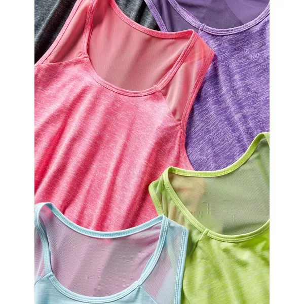 image5 Pack Womens Workout Tops Athletic Racerback Tank Tops for Women Mesh Sleeveless Shirts Yoga for Gym RunningHeather Baby BlueLime YellowPurpleRedCharcoal