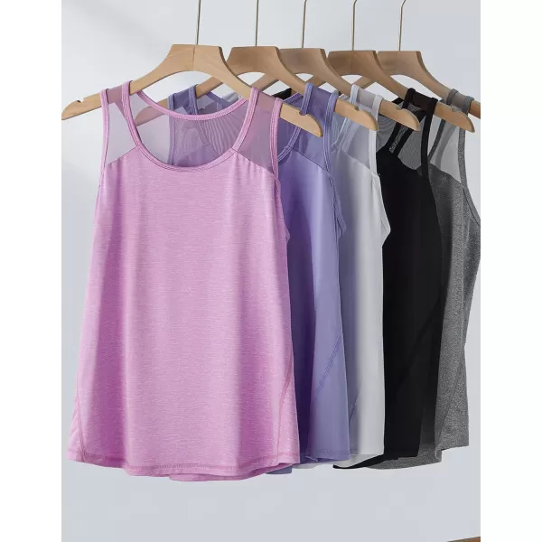 image5 Pack Womens Workout Tops Athletic Racerback Tank Tops for Women Mesh Sleeveless Shirts Yoga for Gym RunningLilacGrayBlackWhiteLight Lavender