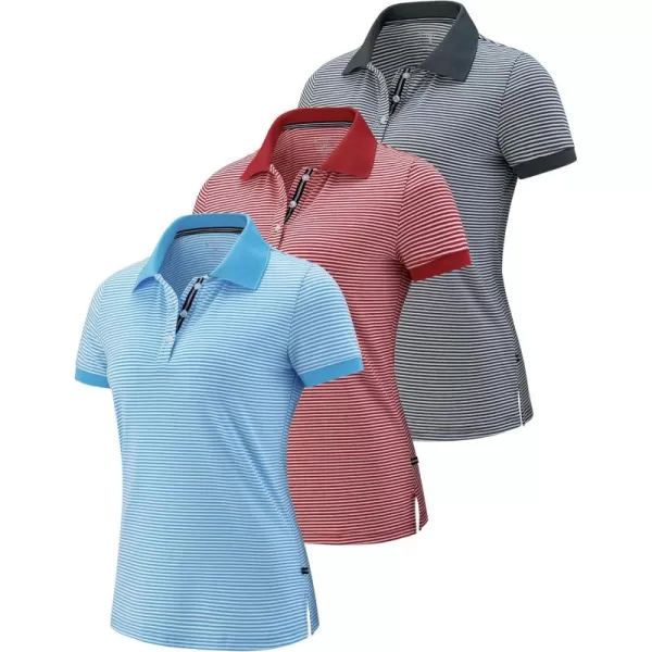 image3 Pack Womens Athletic Dry Fit Polo Shirts Wicking Short Sleeve Collared Golf T Shirt Tennis TopsStripe RedCharcoalLight Blue