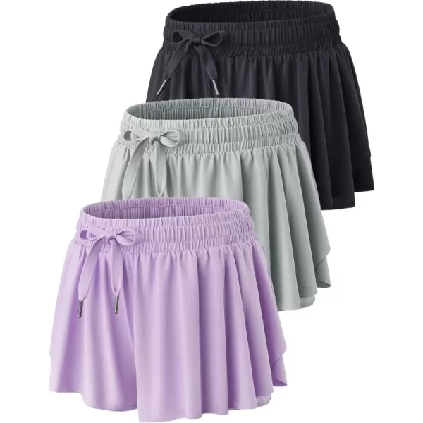 image3 Pack Womens Flowy Running Shorts 2in1 Butterfly Skirts with Shorts Underneath Spandex Athletic Casual Gym Workout LoungeBlackGrayLight Lavender