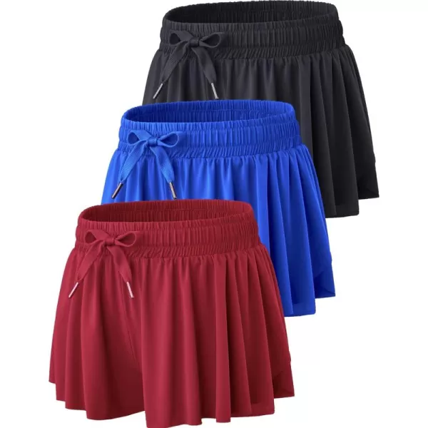 image3 Pack Womens Flowy Running Shorts 2in1 Butterfly Skirts with Shorts Underneath Spandex Athletic Casual Gym Workout LoungeBlackRoyalMaroon