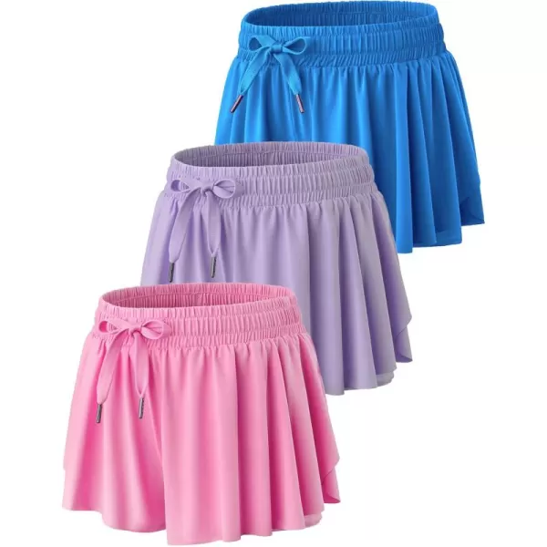 image3 Pack Womens Flowy Running Shorts 2in1 Butterfly Skirts with Shorts Underneath Spandex Athletic Casual Gym Workout LoungeBluePinkLavender