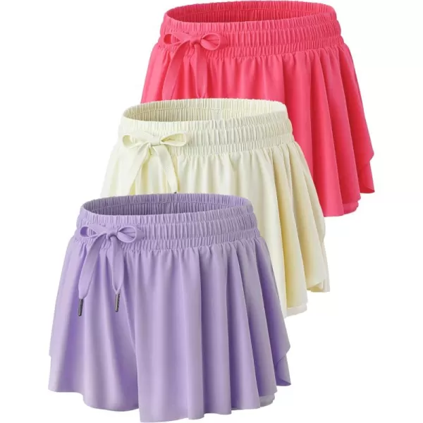 image3 Pack Womens Flowy Running Shorts 2in1 Butterfly Skirts with Shorts Underneath Spandex Athletic Casual Gym Workout LoungeCreamLavenderHot Pink