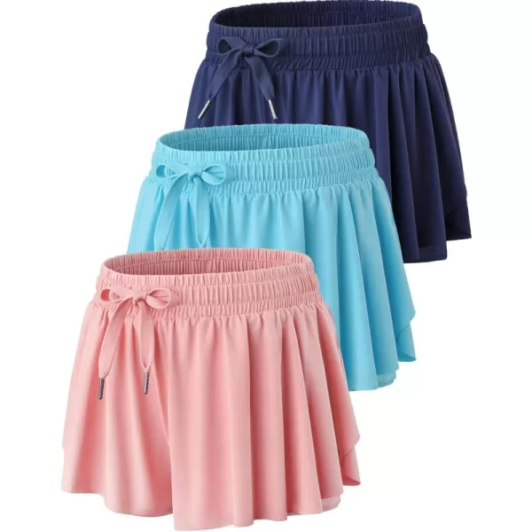 image3 Pack Womens Flowy Running Shorts 2in1 Butterfly Skirts with Shorts Underneath Spandex Athletic Casual Gym Workout LoungeNavyPeachy PinkLight Blue