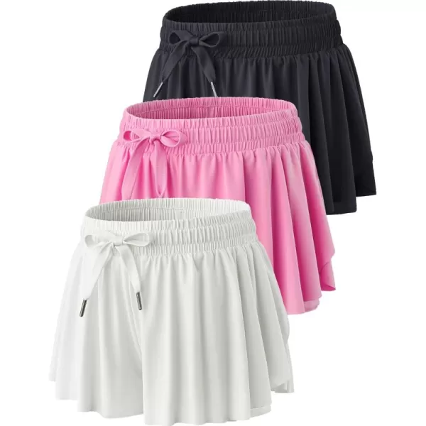 image3 Pack Womens Flowy Running Shorts 2in1 Butterfly Skirts with Shorts Underneath Spandex Athletic Casual Gym Workout LoungePinkWhiteBlack