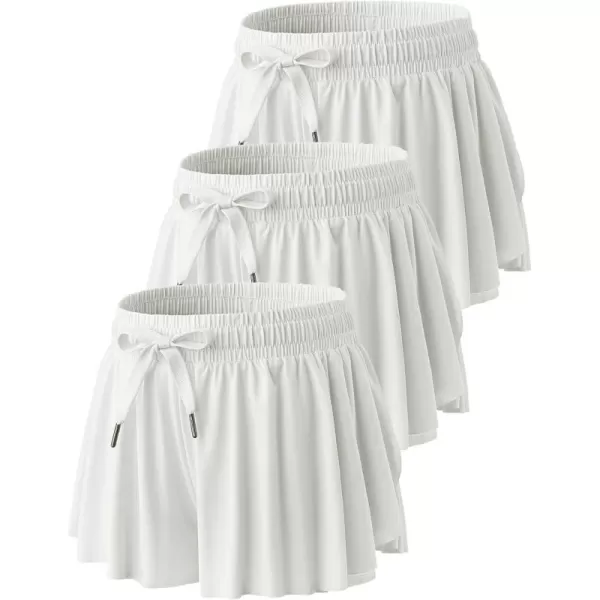 image3 Pack Womens Flowy Running Shorts 2in1 Butterfly Skirts with Shorts Underneath Spandex Athletic Casual Gym Workout LoungeWhite