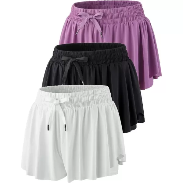 image3 Pack Womens Flowy Running Shorts 2in1 Butterfly Skirts with Shorts Underneath Spandex Athletic Casual Gym Workout LoungeWhiteBlackPurple