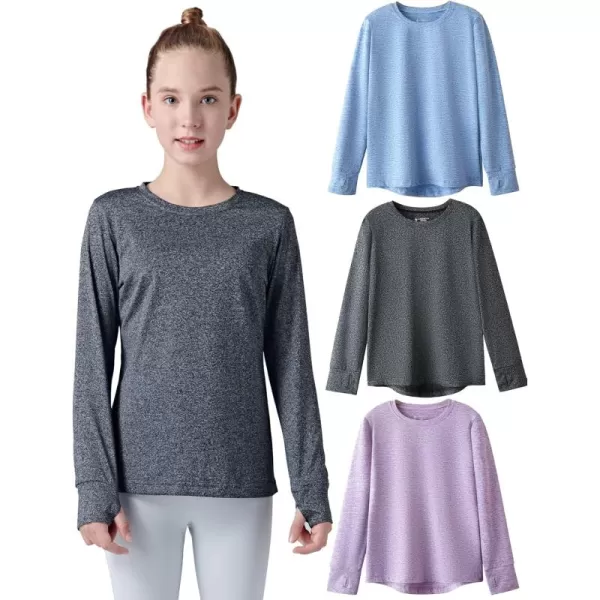 image3 Pack Youth Girls Long Sleeve Shirts Active Dry Fit Athletic Performance Clothes Kids Teens Sports Tees with ThumbholesHeather LavenderBlackLight Blue