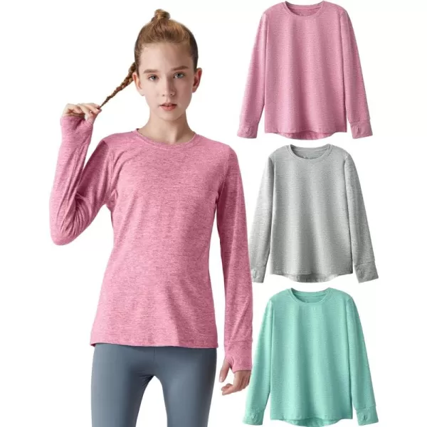 image3 Pack Youth Girls Long Sleeve Shirts Active Dry Fit Athletic Performance Clothes Kids Teens Sports Tees with ThumbholesHeather PinkGrayGreen