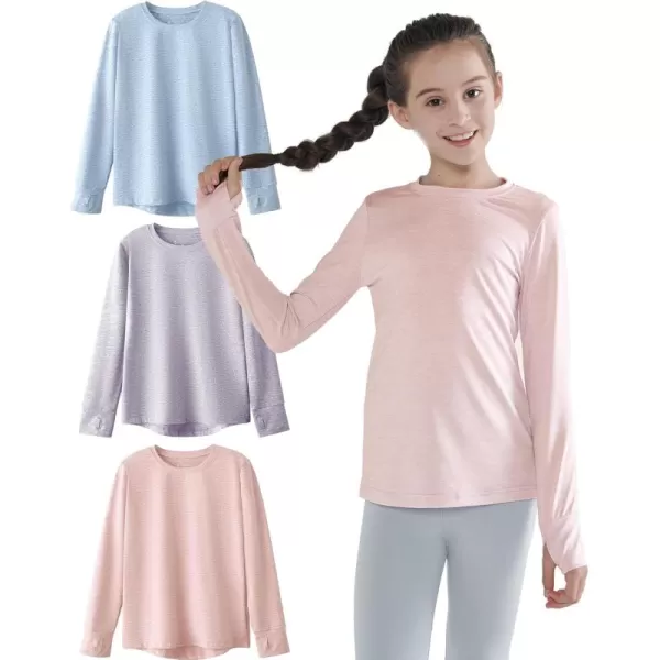 image3 Pack Youth Girls Long Sleeve Shirts Active Dry Fit Athletic Performance Clothes Kids Teens Sports Tees with ThumbholesHeavenly PinkLavender BlueAncient Water