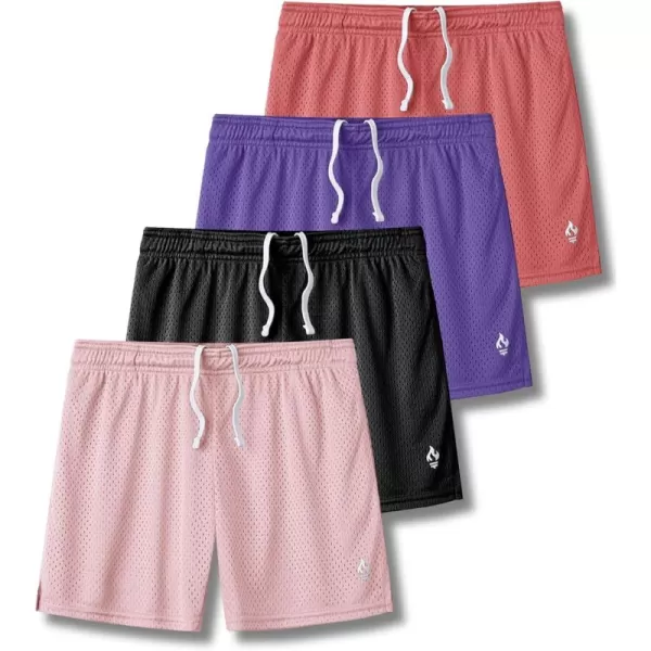 image4 Pack Girls Athletic Shorts with Pockets 3quot Dry Fit Running Shorts for Kids Teens Soccer BasketballCoralVioletBlackLight Pink