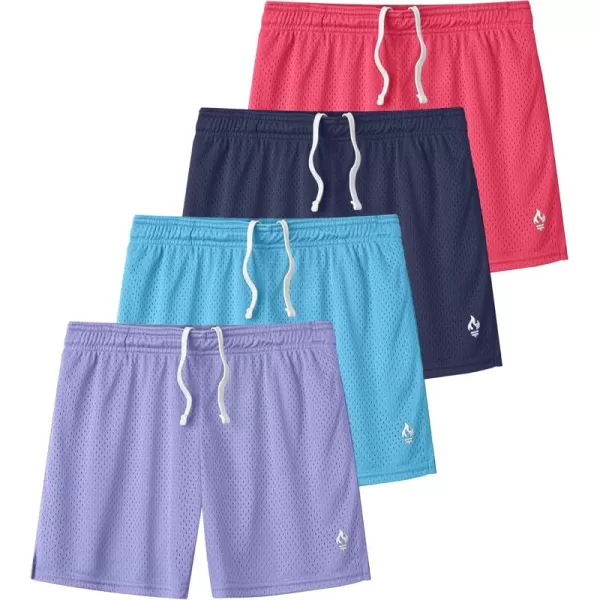 image4 Pack Girls Athletic Shorts with Pockets 3quot Dry Fit Running Shorts for Kids Teens Soccer BasketballNavyLavenderBaby BlueHot Pink