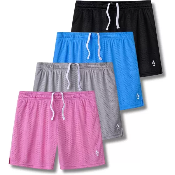 image4 Pack Girls Athletic Shorts with Pockets 3quot Dry Fit Running Shorts for Kids Teens Soccer BasketballPinkGrayBlueBlack