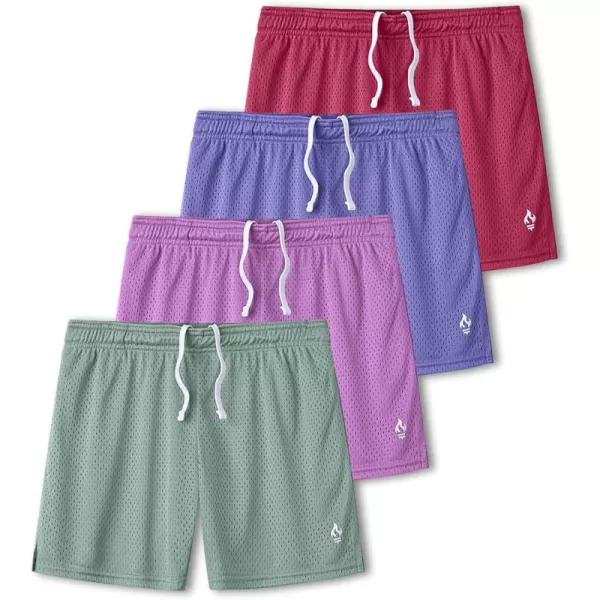 image4 Pack Girls Athletic Shorts with Pockets 3quot Dry Fit Running Shorts for Kids Teens Soccer BasketballRedBluePurpleLight Green