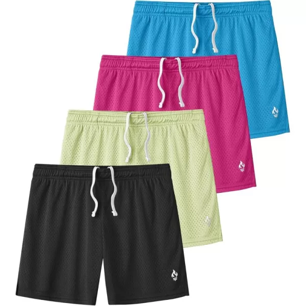 image4 Pack Girls Athletic Shorts with Pockets 3quot Dry Fit Running Shorts for Kids Teens Soccer BasketballTealLimeMagentaCharcoal