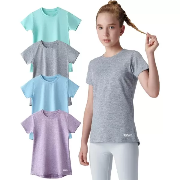 image4 Pack Youth Girls Athletic Shirts Short Sleeve Dry Fit Apparel Tech Tshirts Sports Activewear for Kids TeensHeather LavenderLight BlueGrayGreen