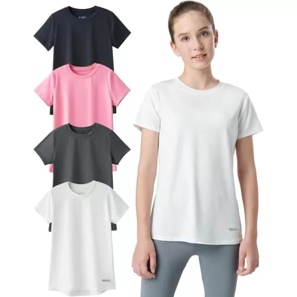 image4 Pack Youth Girls Athletic Shirts Short Sleeve Dry Fit Apparel Tech Tshirts Sports Activewear for Kids TeensPinkWhiteBlackCharcoal