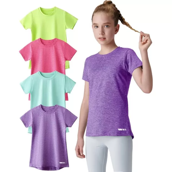 image4 Pack Youth Girls Athletic Shirts Short Sleeve Dry Fit Apparel Tech Tshirts Sports Activewear for Kids TeensPurpleBaby BlueHot PinkNeon Yellow