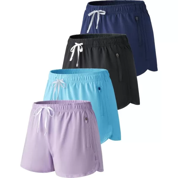 image4 Pack Youth Girls Athletic Shorts 3quot Girls Soccer Shorts Kids Workout Gym Clothes Activewear Apparel with Zipper PocketsSet 2 LavenderBaby BlueNavyBlack