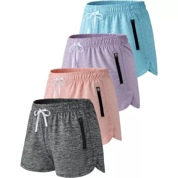 image4 Pack Youth Girls Athletic Shorts 3quot Girls Soccer Shorts Kids Workout Gym Clothes Activewear Apparel with Zipper PocketsSet 3 Heather BlackLavenderLight BluePeachy Pink