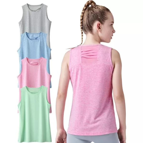 image4 Pack Youth Girls Athletic Tank Tops Dry Fit Active Performance Tech Sleeveless ShirtsHeather GreenPinkLight BlueGray