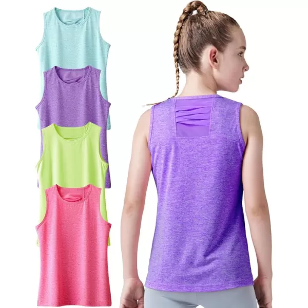 image4 Pack Youth Girls Athletic Tank Tops Dry Fit Active Performance Tech Sleeveless ShirtsHeather PurpleHot PinkNeon YellowBaby Blue