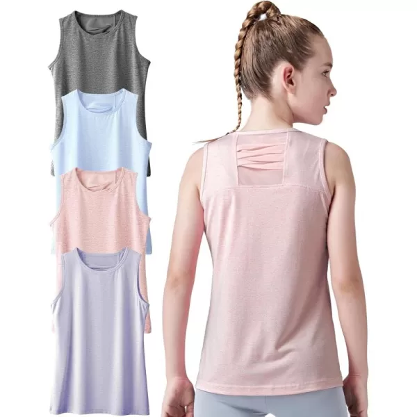 image4 Pack Youth Girls Athletic Tank Tops Dry Fit Active Performance Tech Sleeveless ShirtsHeavenly PinkLavender BlueAncient WaterMetallic Silver