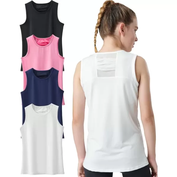 image4 Pack Youth Girls Athletic Tank Tops Dry Fit Active Performance Tech Sleeveless ShirtsSet 2  PinkWhiteNavyBlack