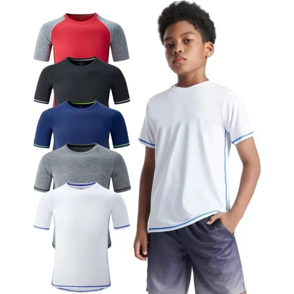 image5 Pack Boys Athletic Shirts Youth Activewear Dry Fit Tshirts for Kids Short Sleeve Tees Bulk Athletic Performance ClothingBlackWhiteNavyRedHeather Gray