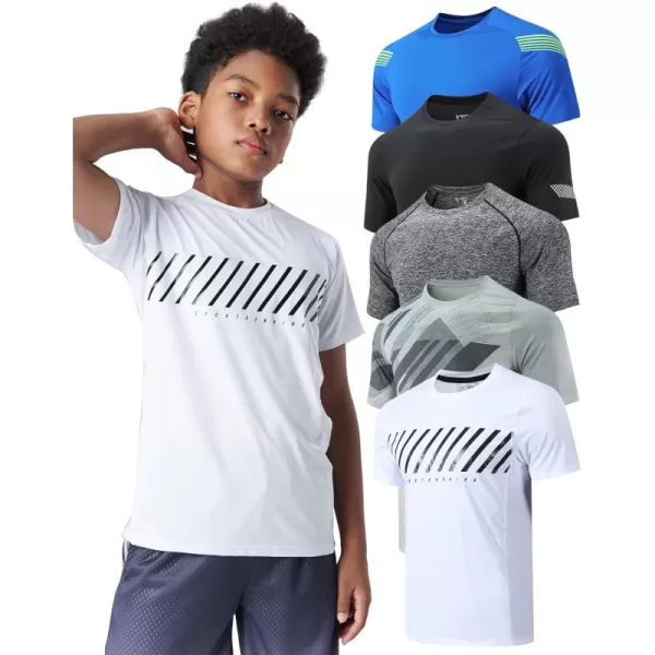 image5 Pack Boys Athletic Shirts Youth Activewear Dry Fit Tshirts for Kids Short Sleeve Tees Bulk Athletic Performance ClothingWhiteGrayBlueCharcoalBlack