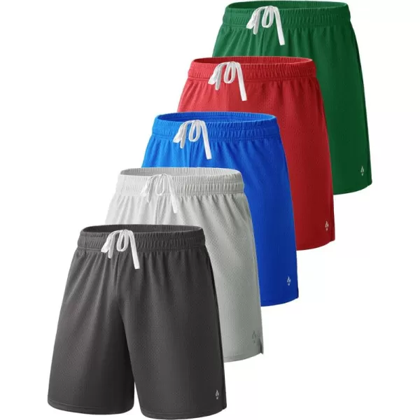 image5 Pack Boys Athletic Shorts Mesh Basketball Youth Apparel Kids Sports Active Gear with PocketsGrayBlueGreenCharcoalCrimson