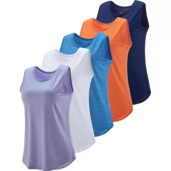 image5 Pack Wide Straps Womens Workout Tank Tops Athletic Sleeveless Shirts for Women Ladies Exercise Tops for Yoga TennisLilacWhiteTangerineNavy BlueTeal Blue