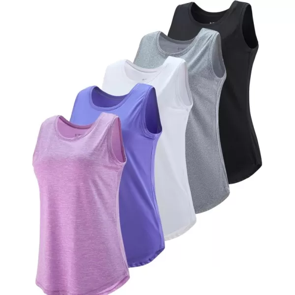 image5 Pack Wide Straps Womens Workout Tank Tops Athletic Sleeveless Shirts for Women Ladies Exercise Tops for Yoga TennisVioletGrayBlackWhiteLight Lavender