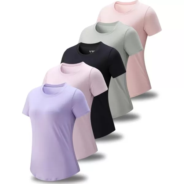 image5 Pack Womens Dry Fit Short Sleeve T Shirts Athletic Workout Tee Tops for Gym Yoga RunningBlackLight PinkLilacPale PinkLight Olive