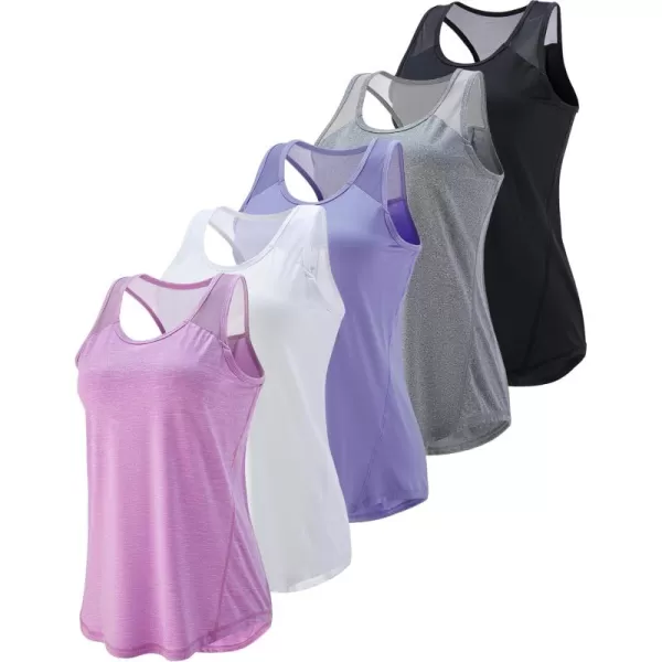 image5 Pack Womens Workout Tops Athletic Racerback Tank Tops for Women Mesh Sleeveless Shirts Yoga for Gym RunningLilacGrayBlackWhiteLight Lavender