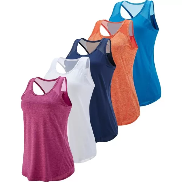 image5 Pack Womens Workout Tops Athletic Racerback Tank Tops for Women Mesh Sleeveless Shirts Yoga for Gym RunningMagentaWhiteTangerineTeal BlueNavy Blue