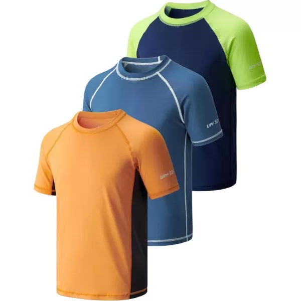 imageLiberty Pro 3 Pack Boys UPF 50 Rash Guard Short Sleeve Swim Shirts Quick Dry UV Protection Swimwear for KidsNavyOrangeDusty Blue