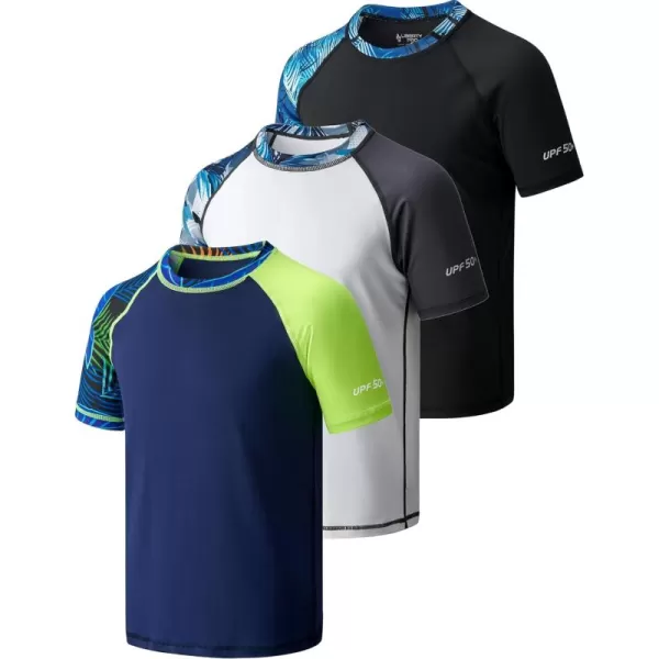 imageLiberty Pro 3 Pack Boys UPF 50 Rash Guard Short Sleeve Swim Shirts Quick Dry UV Protection Swimwear for KidsPrinted NavyBlackWhite